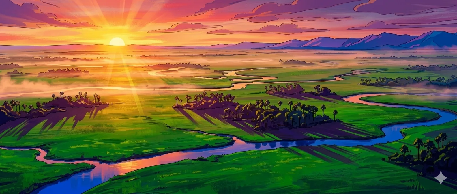 Vista aérea de los Llanos orientales de Colombia al amanecer con ríos serpenteantes y morichales, paisaje de la región donde opera Código Chigüiro