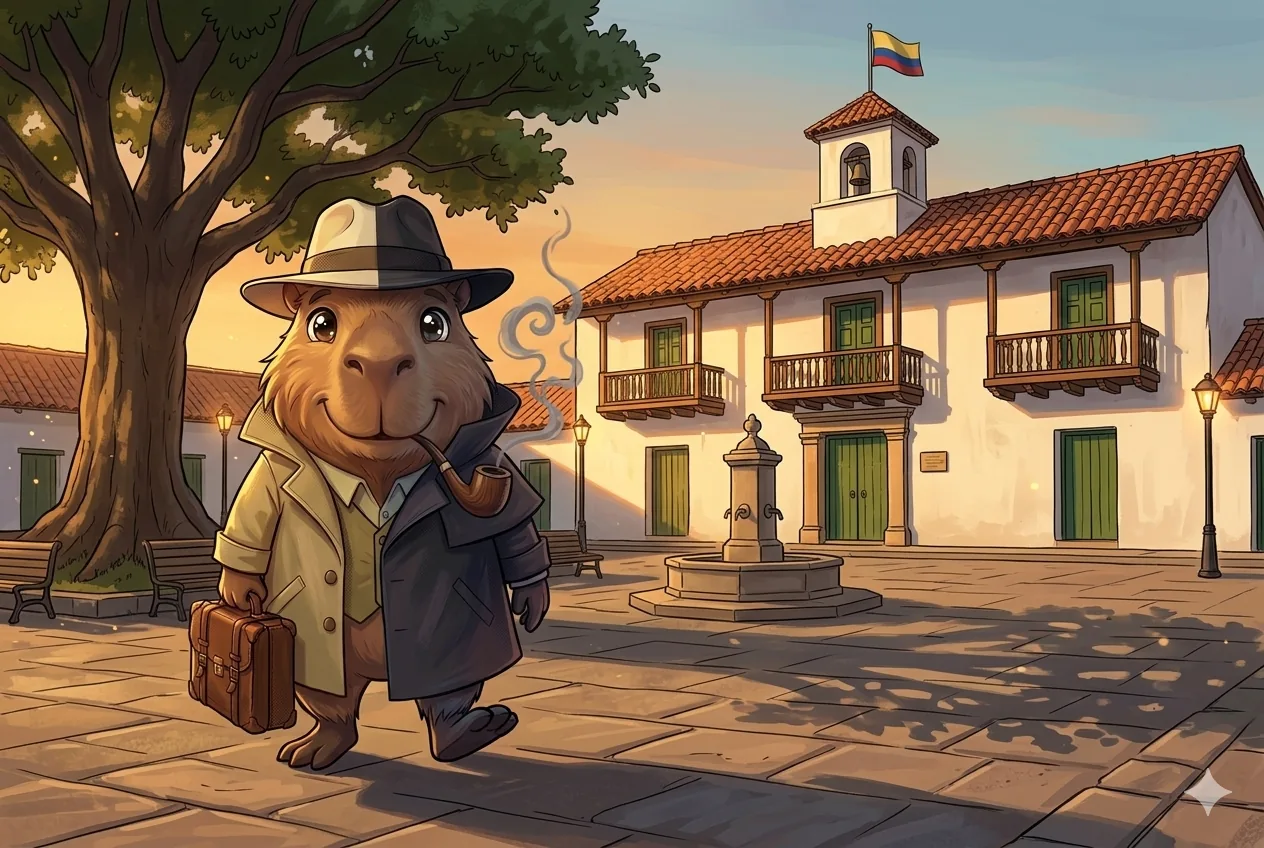 Chigüiro caminando frente a una alcaldía colonial colombiana con la bandera de Colombia, ilustración sobre IA para el sector público municipal del Meta
