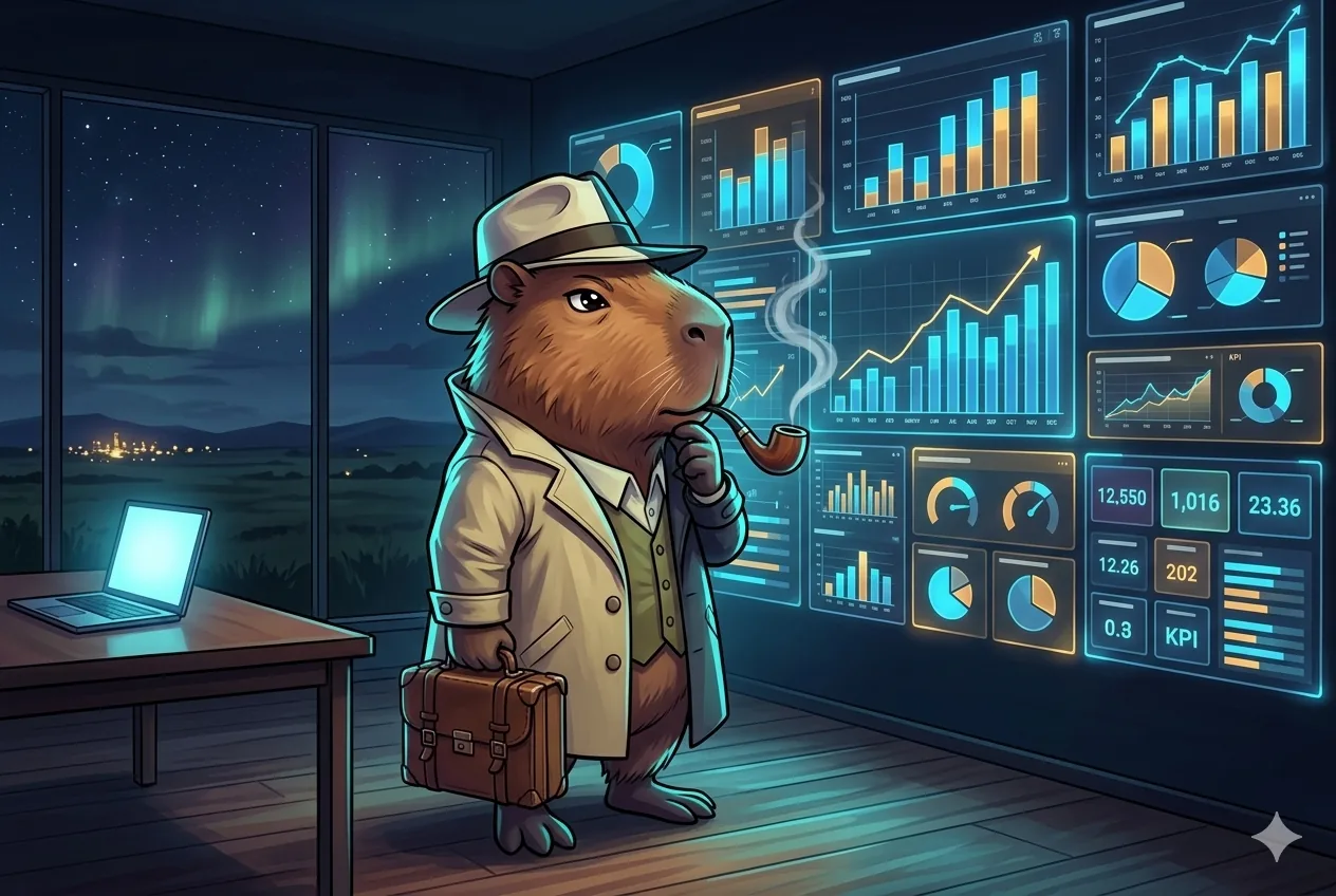Capybara analyst studying a wall of glowing data dashboards and visualizations with bar charts, trend lines and KPIs in a nighttime analytics command center, with a view of the Colombian Llanos and aurora borealis through the window