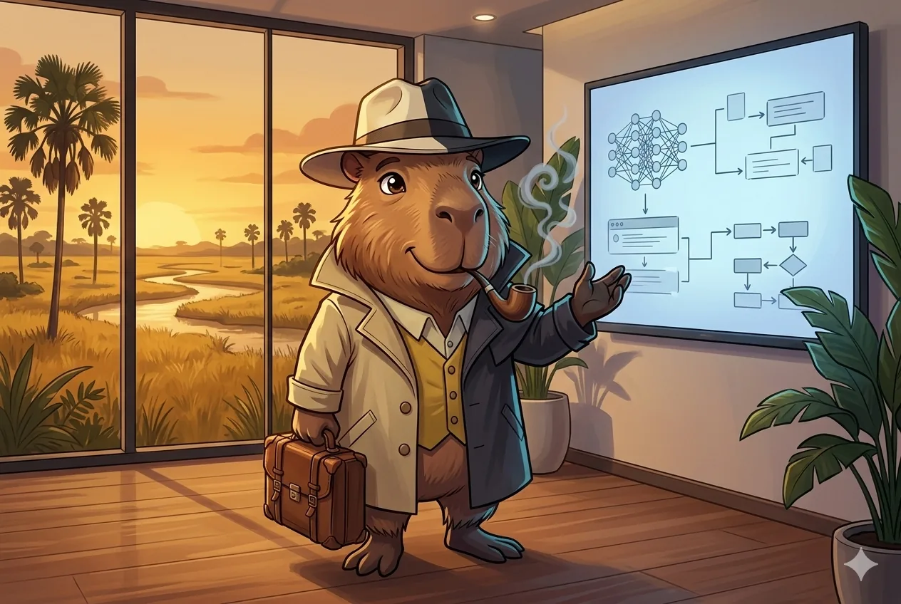 Capybara mentor leading an AI training session in front of a screen showing neural network diagrams and prompt engineering flows, in a modern room with a view of the Colombian Llanos at sunset