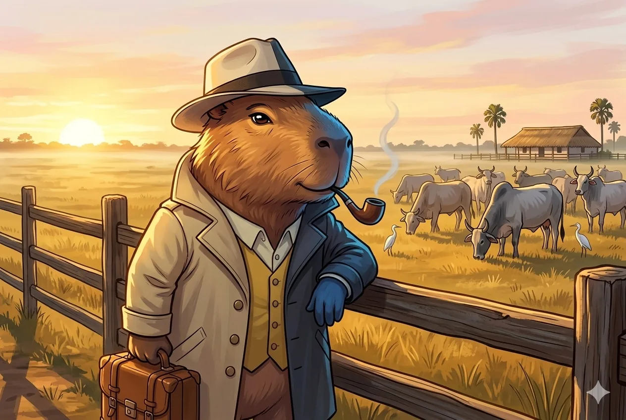 Chigüiro apoyado en un corral de palo frente a un hato ganadero con ganado cebú en los Llanos orientales, ilustración sobre IA aplicada a la ganadería del Meta