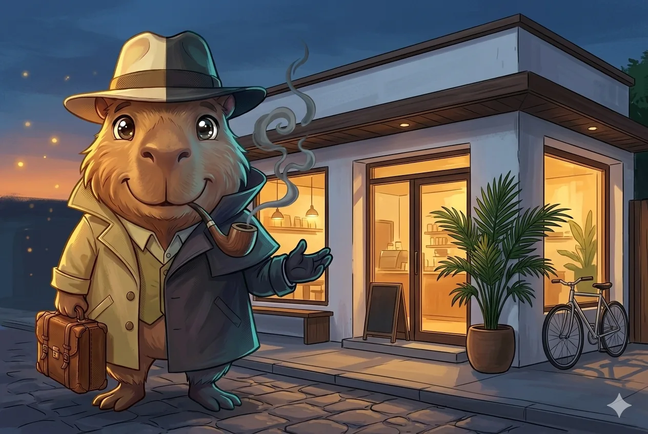 Chigüiro frente a un local comercial moderno en una ciudad del Llano colombiano, representando automatización con IA para PYMES de Villavicencio y el Meta