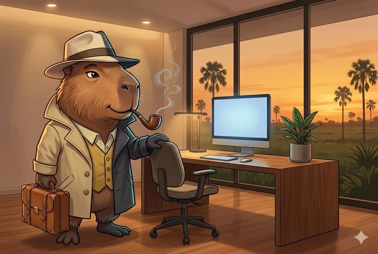 Chigüiro en una oficina moderna con vista a los Llanos orientales, representando automatización con IA para equipos de Recursos Humanos y reclutamiento en Colombia