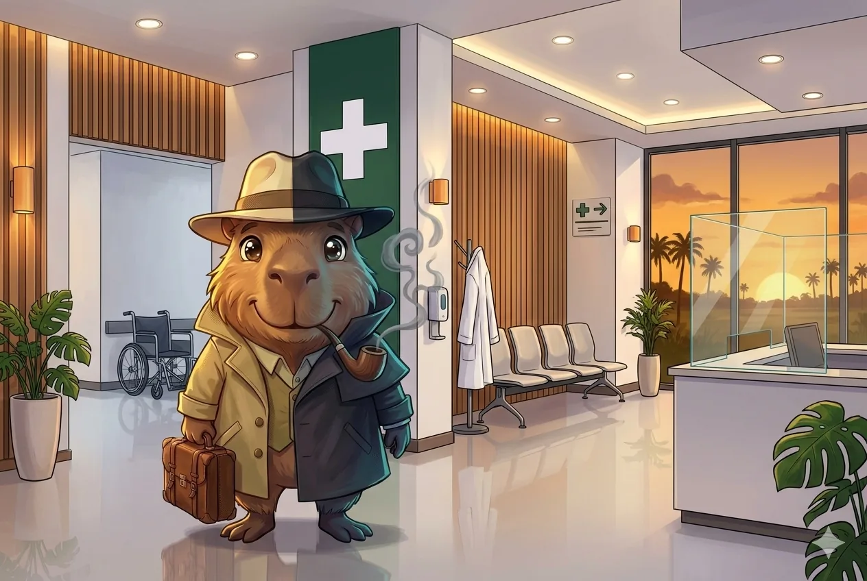 Chigüiro en el lobby de una clínica moderna del Llano colombiano con cruz médica visible, representando automatización con IA para IPS y centros de salud